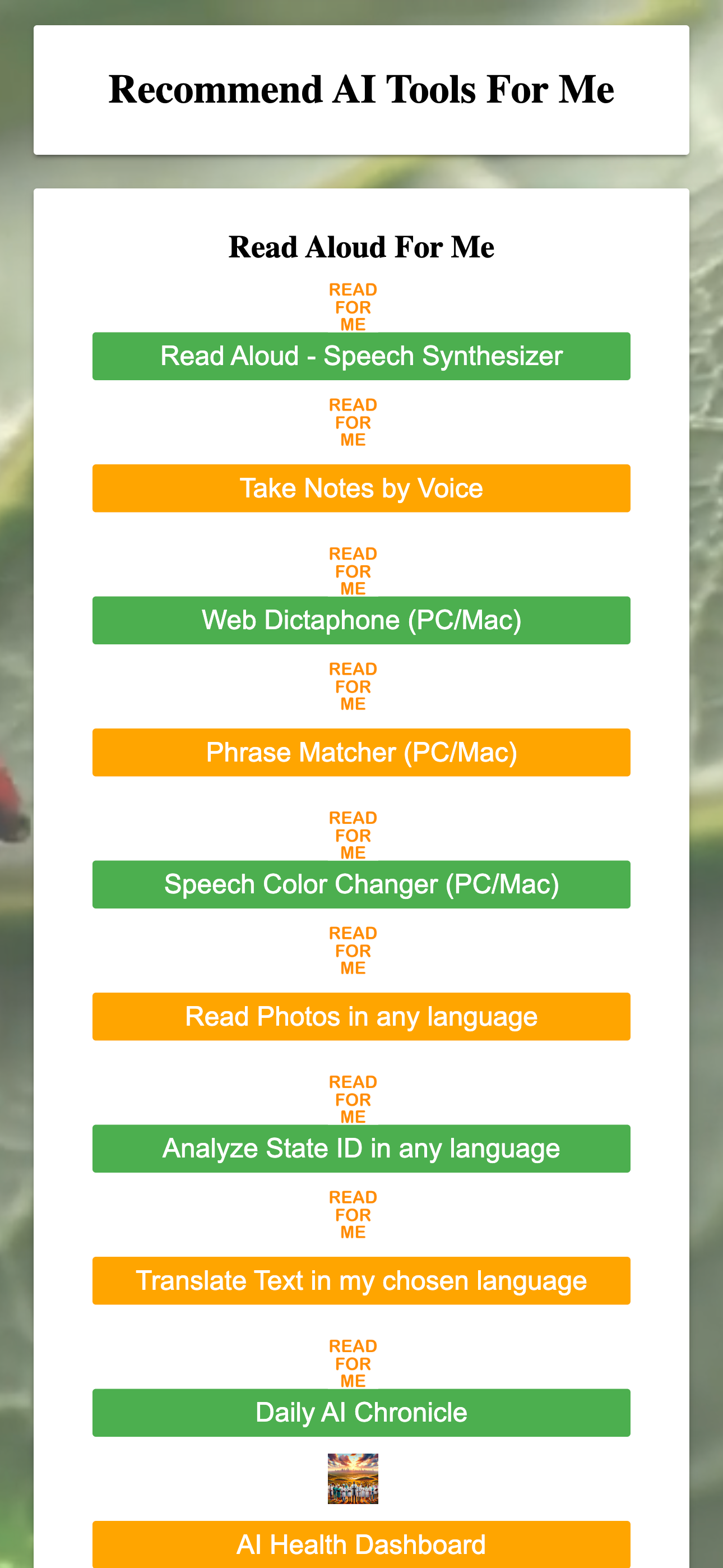 Unlock the power of AI with Read Aloud For Me AI Dashboard - your ultimate AI Dashboard and Hub. Access all major AI tools in one seamless app, designed to elevate your productivity and streamline your digital experience. Available now on the web at readaloudforme.com and across all your favorite app stores: Apple, Google, and Microsoft. Read Aloud For Me - AI Dashboard brings the future of AI directly to your fingertips, merging convenience with innovation. Whether for work, education, or personal enhancement, our app is your gateway to the most advanced AI technologies. Download today and transform the way you interact with AI tools.