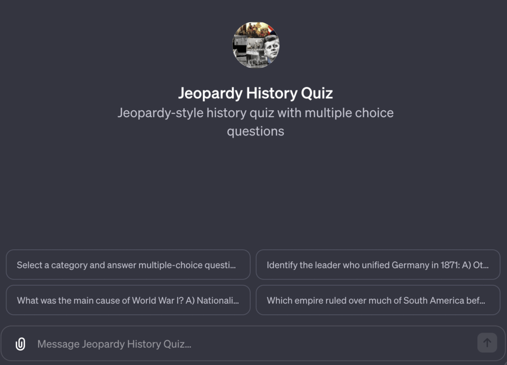 Jeopardy-style history quiz with multiple choice questions